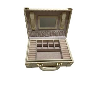 Ivory Embossed M Logo Jewelry Trunk Case Multi-Tier Vanity Box with Mirror Gold